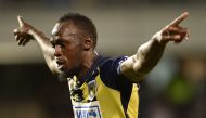  In this file photo taken on October 12, 2018 Olympic sprinter Usain Bolt celebrates scoring a goal for A-League football club Central Coast Mariners in his first competitive start for the club against Macarthur South West United in Sydney on October 12, 