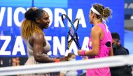 Sep 10, 2020; Flushing Meadows, New York, USA; Victoria Azarenka of Belarus, right, taps rackets with Serena Williams of the United States after defeating her in the women's singles semifinals match on day eleven of the 2020 U.S. Open tennis tournament at