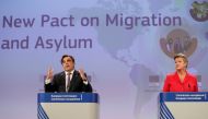 European Commissioner for Promoting our European Way of Life Margaritis Schinas and European Home Affairs Commissioner Ylva Johansson attends a news conference on New Pact for Migration and Asylum after the college of EU commissioners in Brussels, Belgium