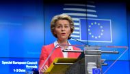European Commission President Ursula von der Leyen addresses the media on the second day of a European Union leaders summit at the Europa building in Brussels, Belgium October 2, 2020. John Thys/Pool via REUTERS