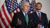 WASHINGTON, DC - SEPTEMBER 30: Senate Majority Leader Mitch McConnell (R-KY) talks to reporters following the weekly Senate Republican policy luncheon in the Hart Senate Office Building on Capitol Hill on September 30, 2020 in Washington, DC.Chip Somodevi