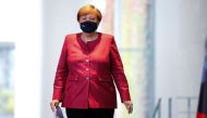 German Chancellor Angela Merkel arrives for a statement following her video conference with officials from Germany's largest cities in Germany on Covid-19, on October 9, 2020 at the Chancellery in Berlin Germany is experiencing a 
