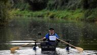 80-year old military veteran Michael Stanley, known as Major Mick, rows his homemade boat named the 