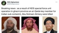 A tweet from NDS Afghanistan saying that they have killed Abu Muhsin Al-Masri in operations, accompanied by three profile photos of Al-Masri, is seen on NDS Afghanistan's Twitter account October 24, 2020. NDS Afghanistan via Twitter/via Reuters