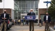 CHESTER, PA - OCTOBER 26: Democratic presidential nominee Joe Biden speaks to reporters while visiting a voter mobilization center on October 26, 2020 in Chester, Pennsylvania. In Pennsylvania, Tuesday, October 27 is the last day to request a mail-in ball