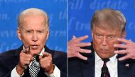 (FILES)(COMBO) This combination of file pictures created on September 29, 2020 shows Democratic Presidential candidate and former US Vice President Joe Biden (L) and US President Donald Trump speaking during the first presidential debate at the Case Weste