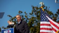 ATLANTA, GA - NOVEMBER 02: Former President Barack Obama speaks at a Drive-in Mobilization Rally to get out the vote for Georgia Senate candidates on November 2, 2020 in Atlanta, Georgia. Republican Sens. David Perdue and Kelly Loeffler are locked in a ti