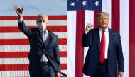 (Combo) This combination of pictures created on October 30, 2020 shows Democratic presidential nominee and former Vice President Joe Biden waves to supporters before speaking at a Drive-In rally at Dallas High School, in Dallas, Pennsylvania, on October 2