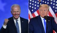 This combination of pictures created on November 4, 2020 shows Democratic presidential nominee Joe Biden gestures after speaking during election night at the Chase Center in Wilmington, Delaware, and US President Donald Trump speaks during election night 