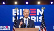 U.S Democratic presidential nominee Joe Biden speaks about election results in Wilmington, Delaware, U.S., November 6, 2020. REUTERS/Kevin Lamarque