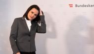 Belarus opposition leader Svetlana Tikhanovskaya meets with Austrian Chancellor Kurz (not in picture) in Vienna, Austria on November 5, 2020. / AFP / JOE KLAMAR