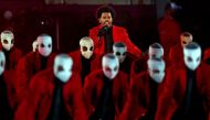 Feb 7, 2021; Tampa, FL, USA; The Weeknd performs during the Super Bowl Halftime Show in Super Bowl LV at Raymond James Stadium. Mandatory Credit: Mark J. Rebilas-USA TODAY Sports
