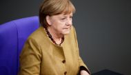 German Chancellor Angela Merkel sits following her speech on the government's response to the coronavirus disease (COVID-19) pandemic, at the country's parliament, the Bundestag, in Berlin, Germany, February 11, 2021. REUTERS/Hannibal Hanschke