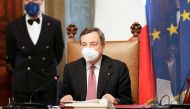 New Italian Premier Mario Draghi presides over his first cabinet of ministers reunion after the swearing-in ceremony, at Chigi Palace Premier's office, in Rome, Italy February 13, 2021. Andrew Medichini/Pool via REUTERS