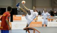 FILE PHOTO: Csaba Banyik of Hungary in action at the Teqball World Championships in Budapest, Hungary December 6, 2019. Picture taken December 6, 2019. REUTERS/Tamas Kaszas