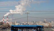 An electric bus travels along a road in Moscow, Russia February 19, 2021. The sign on the bus reads: 