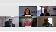 Britain's Queen Elizabeth speaks via video call to health leaders delivering the COVID-19 vaccine across England, Scotland, Wales and Northern Ireland, London, Britain February 25, 2021. (Top L-R) Dr Emily Lawson, Chief Commercial Officer, NHS England, De