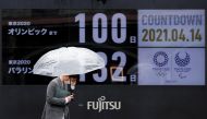 A passerby wearing a protective face mask walks past a screen showing a countdown to the Tokyo 2020 Olympic Games and Tokyo 2020 Paralympic Games that have been postponed to 2021 due to the coronavirus disease (COVID-19) pandemic, in Tokyo, Japan, April 1