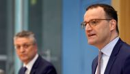 German Health Minister Jens Spahn and Lothar H. Wieler president of the Robert-Koch-Institute German national agency and research institute, responsible for disease control and prevention, attend a press conference on the current coronavirus pandemic, in 
