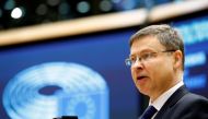 EU Commission Vice President Valdis Dombrovskis addresses the European Parliament in Brussels, Belgium, May 19, 2021. Reuters/Johanna Geron/Pool