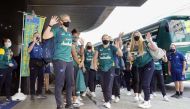 Members of Australia's Olympic softball team wave upon their arrival at a hotel in Ota, Gunma Prefecture, Japan, where they have a training camp in this photo taken by Kyodo June 1, 2021. Mandatory credit Kyodo/via REUTERS