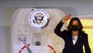 U.S. Vice President Kamala Harris disembarks from Air Force Two as she arrives at Benito Juarez International airport in Mexico City, for her first international trip as Vice President to Guatemala and Mexico, in Mexico June 7, 2021. REUTERS/Edgard Garrid