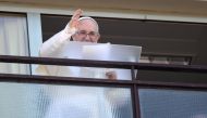 Pope Francis leads the Angelus prayer from a balcony of the Gemelli hospital, as he recovers following scheduled surgery on his colon, in Rome, Italy, July 11, 2021. REUTERS/Yara Nardi