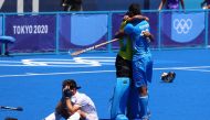 Sreejesh Parattu Raveendran of India and Rupinder Pal Singh of India celebrate winning their match for the bronze medal. Reuters/Hamad I Mohammed