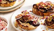 Eggplant Bruschetta With Hazelnut Skordalia. Photo by Scott Suchman for The Washington Post.
