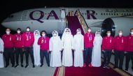 Personal Representative of H H the Amir, H H Sheikh Jassim bin Hamad Al Thani; Minister of Culture and Sports, H E Salah bin Ghanem Al Ali; President of Qatar Olympic Committee, H E Sheikh Joaan bin Hamad Al Thani, and other dignitaries with Qatar's Tokyo