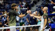Stefanos Tsitsipas of Greece (left) after defeating Adrian Mannarino of France on day three of the 2021 US Open tennis tournament at USTA Billie King National Tennis Center. Robert Deutsch-USA TODAY Sports
