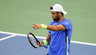 Matteo Berrettini of Italy points to Oscar Otte of Germany after winning the match on day eight of the 2021 U.S. Open tennis tournament at USTA Billie Jean King National Tennis Center. Danielle Parhizkaran-USA TODAY Sports