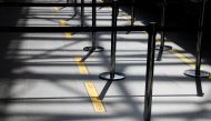 Social distancing markings are seen on the floor at the Boryspil International Airport outside Kiev, Ukraine June 13, 2020. REUTERS/Gleb Garanich


