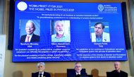 Member of the Nobel Committee for Physics Thors Hans Hansson, Secretary General of the Royal Swedish Academy of Sciences Goran K. Hansson, and member of the Nobel Committee for Physics John Wettlaufer announce the winners of the 2021 Nobel Prize in Physic