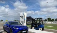 A view of the hydrogen refuelling site that Toyota opened at their former car plant in the Altona suburb of Melbourne, Australia, where it is producing hydrogen by using rooftop solar to power an electrolyser to split water, March 29, 2021. REUTERS/Sonali Paul/File Photo