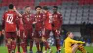 Bayern Munich's Leroy Sane celebrates scoring their second goal with teammates REUTERS/Andreas Gebert

