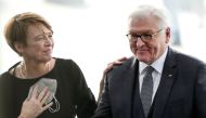 Elke Buedenbender congratulates her husband German President Frank-Walter Steinmeier after he was re-elected as Germany's president by the Federal Assembly at the Bundestag building Paul Loebe Haus, in Berlin, Germany February 13, 2022. Michael Sohn/Pool via REUTERS