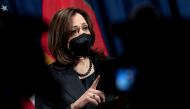 US Vice President Kamala Harris speaks to members of the media, after attending the Munich Security Conference, at her hotel in Munich, Germany February 20, 2022. Andrew Harnik/Pool via Reuters