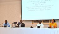 A delegation of the African Regional Organisation of the International Trade Union Confederation (ITUC-Africa) address a press conference at the conclusion of their visit to Qatar. Pic: Abdul Basit