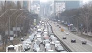 Heavy traffic is seen on a road heading out of the Ukrainian capital Kyiv, as Russian military operation begins, in Ukraine, February 24, 2022 in this screen grab taken from a live video.