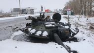 The turret of a destroyed tank is seen on the roadside in Kharkiv, Ukraine February 26, 2022. Reuters/Vyacheslav Madiyevskyy