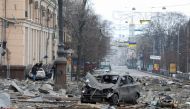 A view shows the area near the regional administration building, which city officials said was hit by a missile attack, in central Kharkiv, Ukraine, March 1, 2022. REUTERS/Vyacheslav Madiyevskyy 