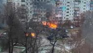 Fire is seen in Mariupol at a residential area after shelling amid Russia's invasion of Ukraine March 3, 2022, in this image obtained from social media. Twitter @AyBurlachenko via REUTERS