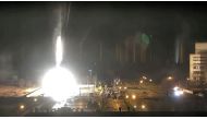 FILE PHOTO: Surveillance camera footage shows a flare landing at the Zaporizhzhia nuclear power plant during shelling in Enerhodar, Zaporizhia Oblast, Ukraine March 4, 2022, in this screengrab from a video obtained from social media. 