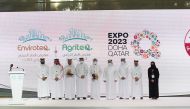 Minister of Municipality H E Dr. Abdullah bin Abdulaziz bin Turki Al Subaie (fourth right) and Minister of Environment and Climate Change H E Sheikh Dr. Faleh bin Nasser bin Ahmed bin Ali Al Thani (fourth left) during the conclusion ceremony of the exhibition, yesterday.