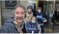 Fox News cameraman Pierre Zakrzewski, who was killed in Ukraine after the vehicle in which he was traveling was struck by incoming fire, poses for a selfie with colleagues Steve Harrigan, Yonat Frilling and Ibrahim Hazboun in Kyiv, Ukraine in an undated photograph. FOX News Sunday/Handout via REUTERS.