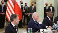 U.S. Secretary of State Antony Blinken, U.S. President Joe Biden and U.S. Secretary of Defense Lloyd Austin attend a bilateral meeting with the Polish Delegation, including Polish President Andrzej Duda (not pictured), amid Russia's invasion of Ukraine, in the Column Hall at the Presidential Palace, in Warsaw, Poland March 26, 2022. REUTERS.