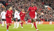 Liverpool’s Ibrahima Konate (right) celebrates after scoring their first goal with Roberto Firmino. 