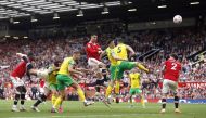 Manchester United's Cristiano Ronaldo heads at goal REUTERS/Craig Brough