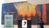 Permanent Representative of Qatar to the United Nations H E Sheikha Alya Ahmed Saif Al Thani addressing the inauguration of the photo exhibition. 